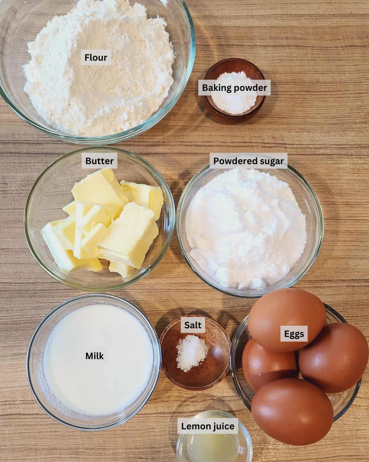 Royal Thai Butter Cake ingredients with labels.