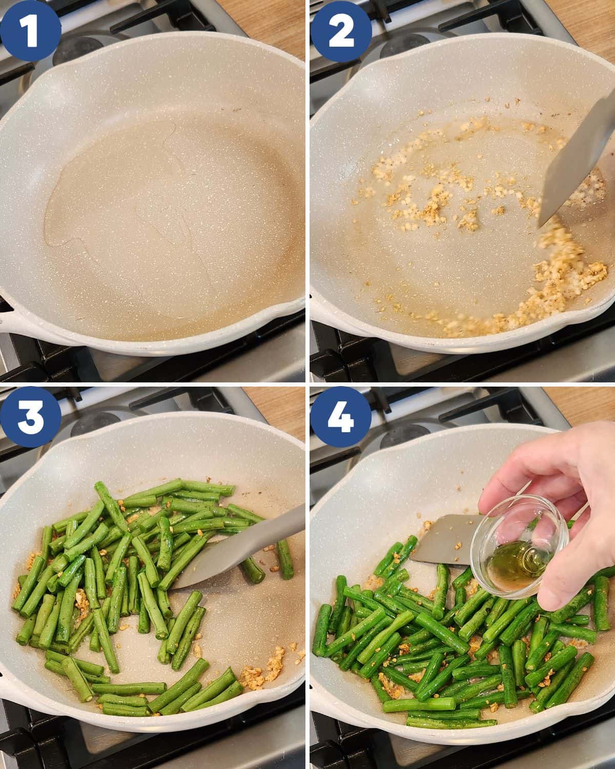 Step by step photos of sautéeing garlic with green beans.