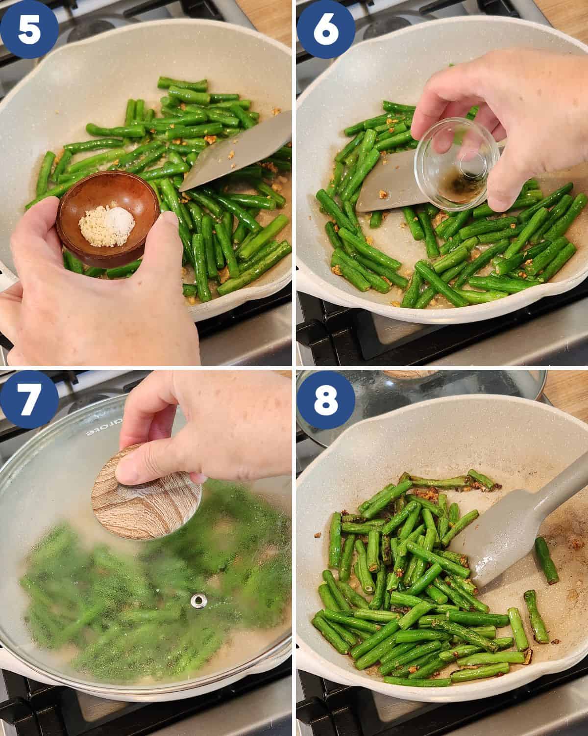 Step by step photos of adding the seasonings into the Sautéed Green Beans with Garlic.