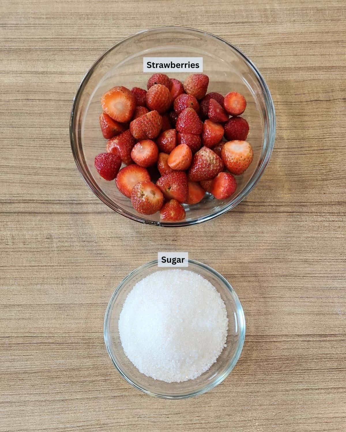 Strawberry compote ingredients with labels.