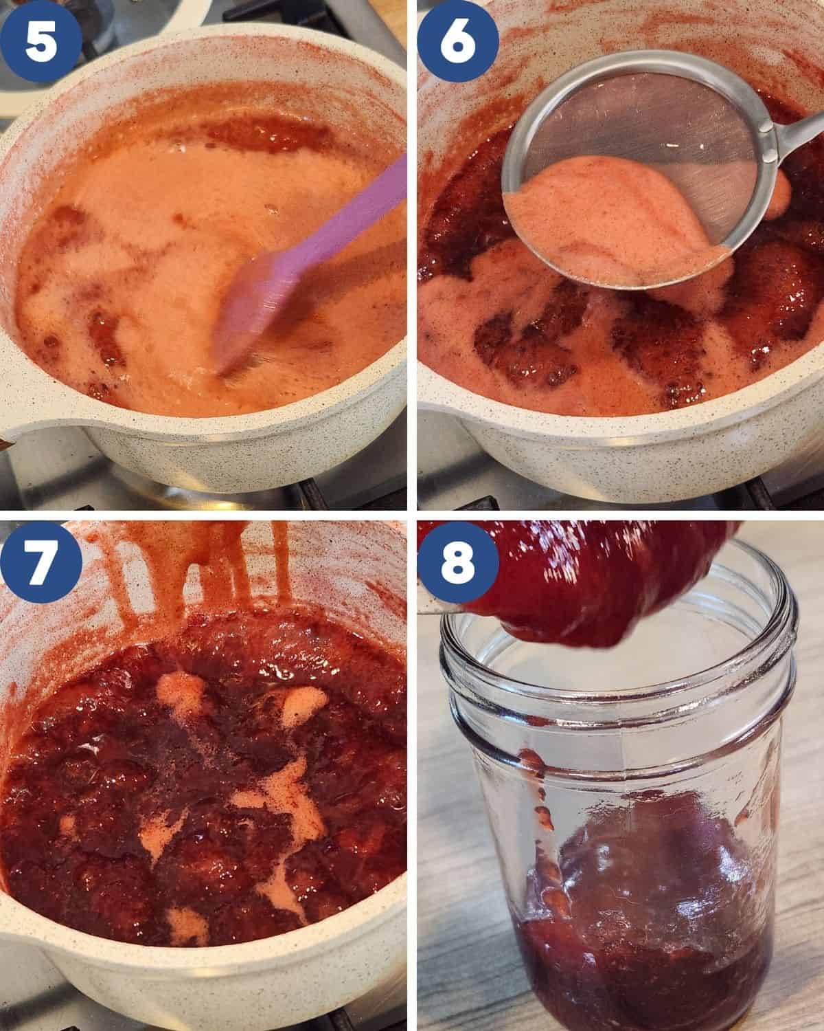 Step by step photos of cooking and bottling the strawberry compote.