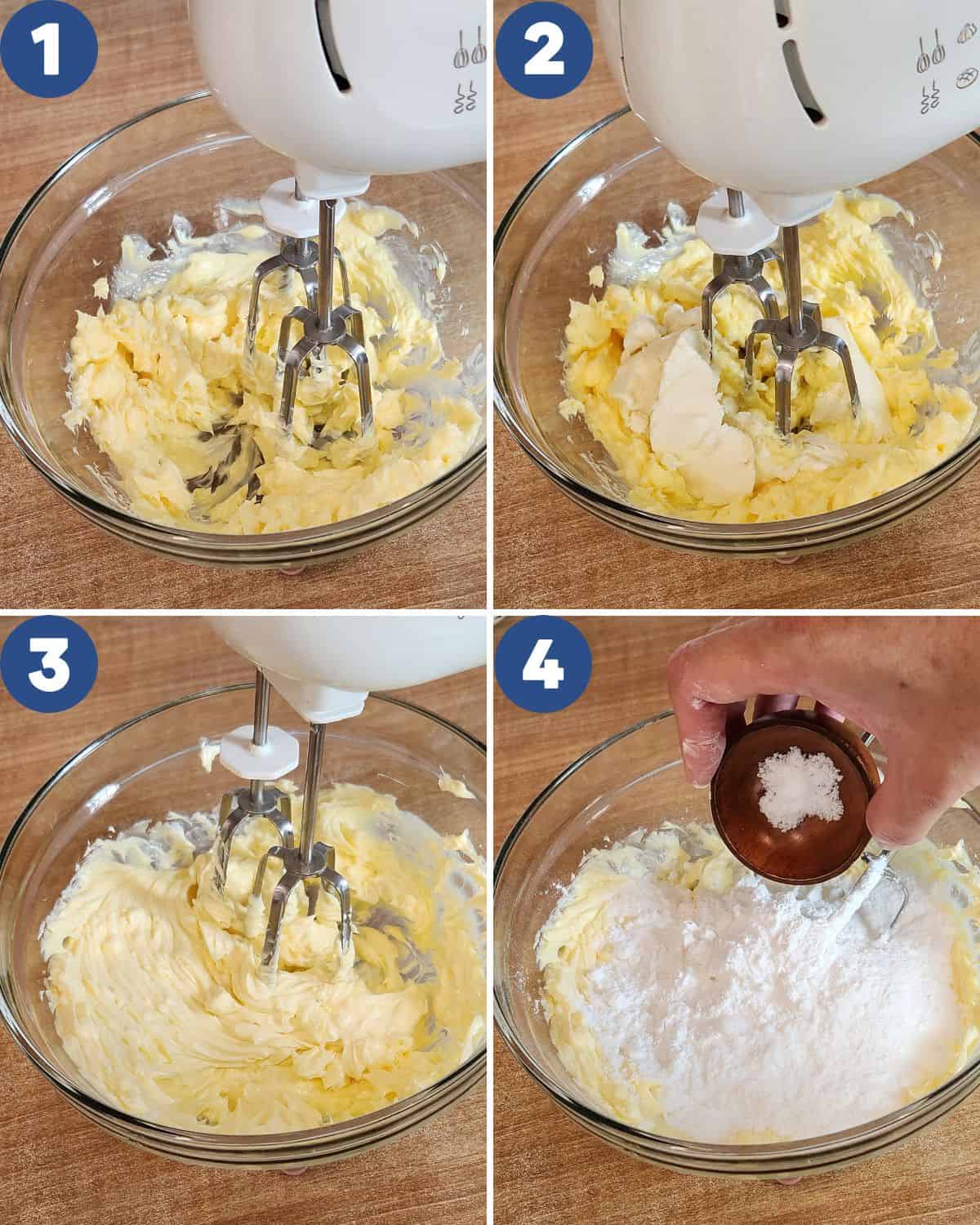 Step by step photos of mixing the butter until pale and light.