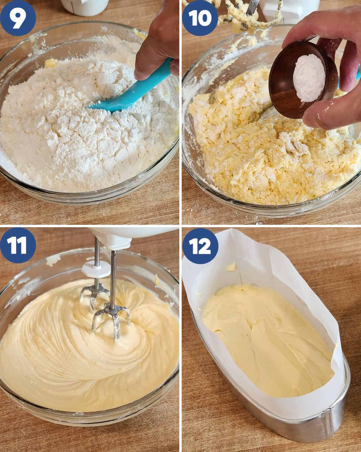 Step by step photos of mixing the dry ingredients and preparing to bake the strawberry cream cheese cake.