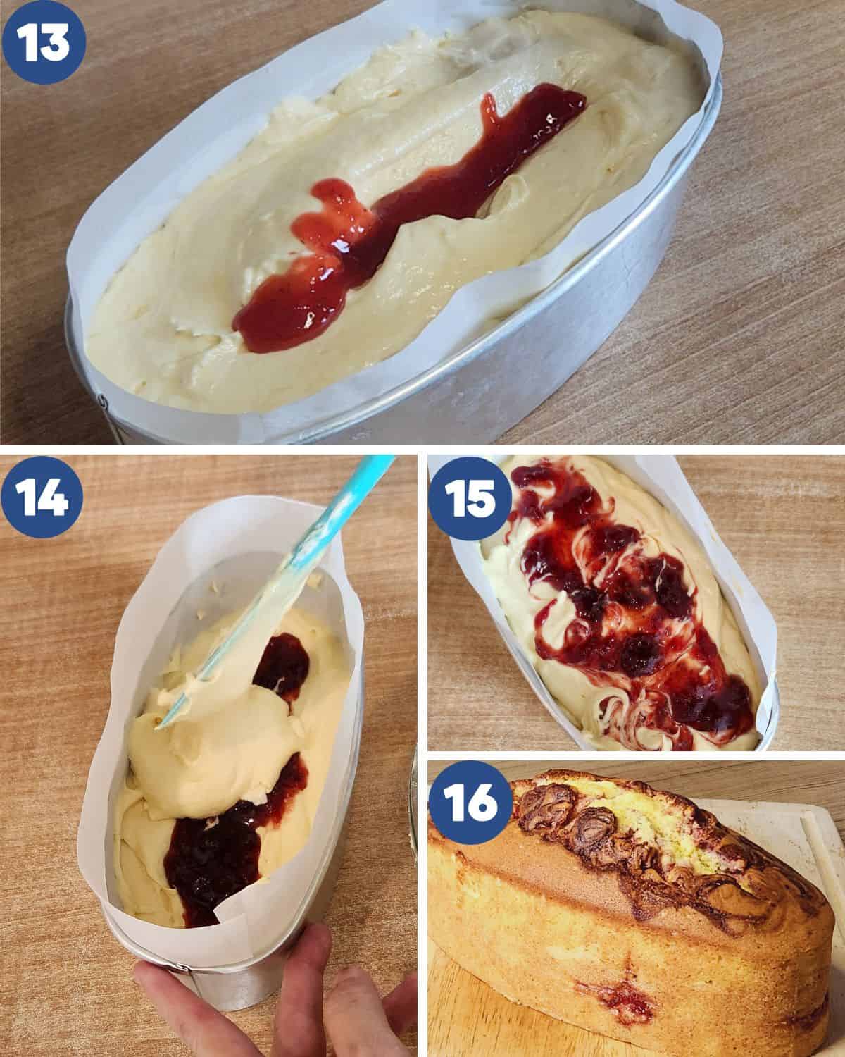 Step by step photos of adding strawberry jam into the batter. 