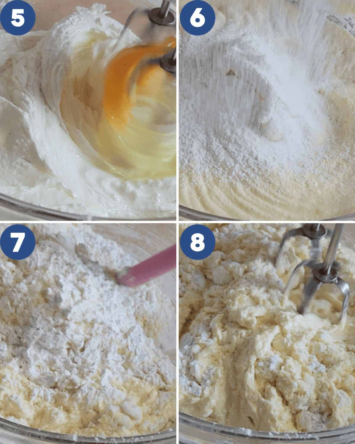Step by step photos of mixing the flour to the batter.