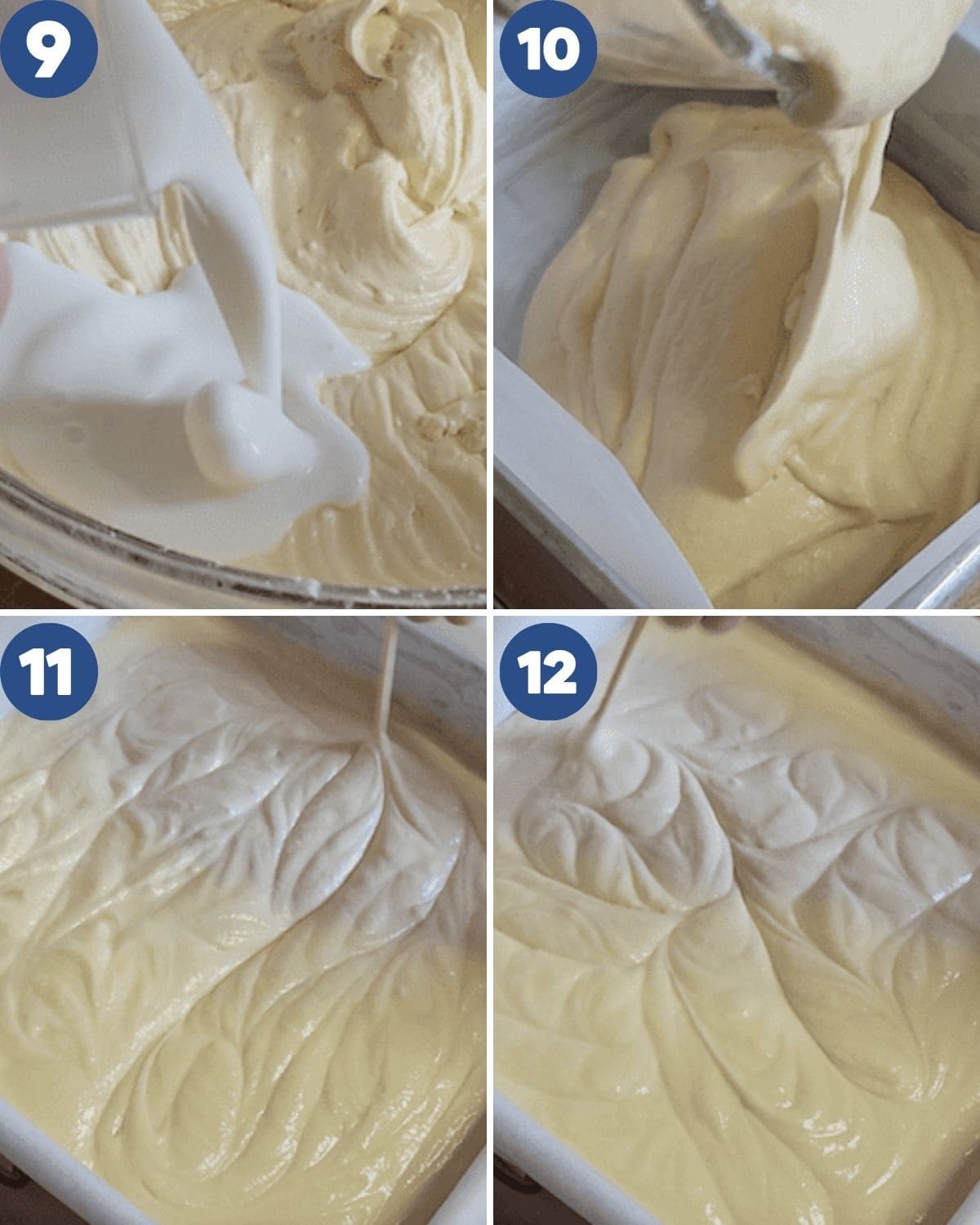 Step by step photos of mixing the buttermilk into the batter.