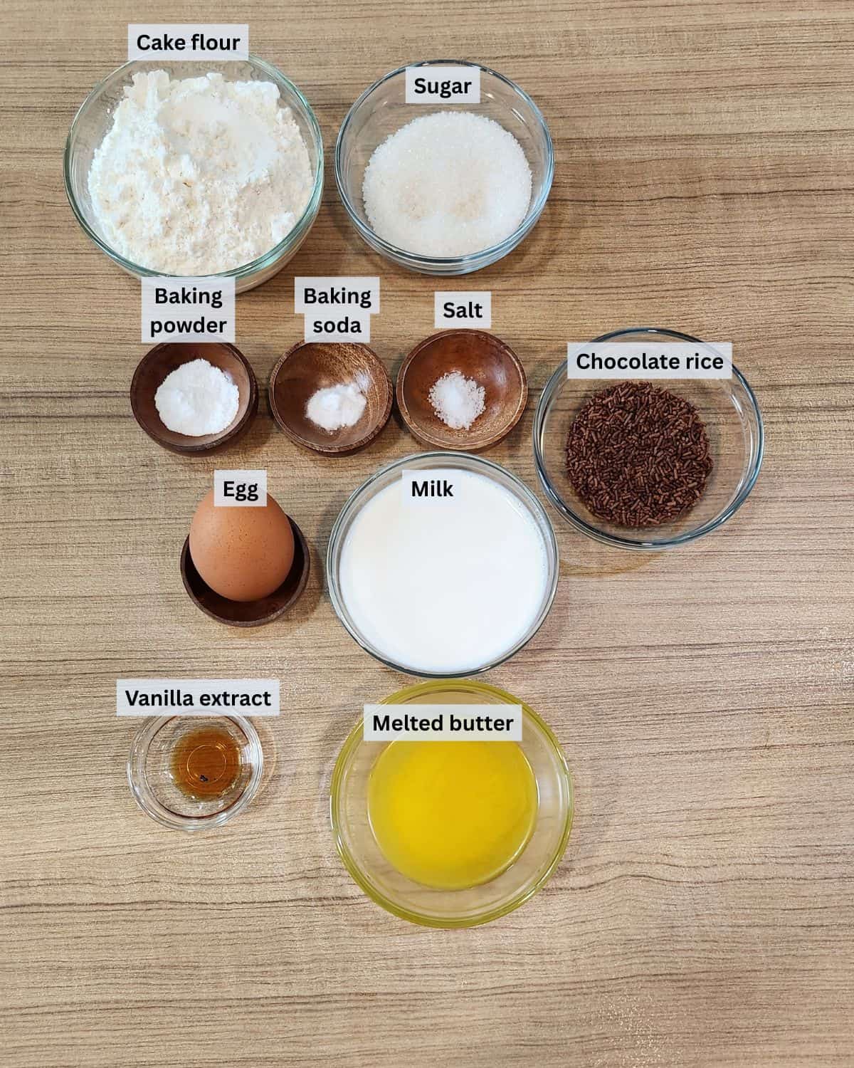 Thai Egg Cake ingredients with labels.