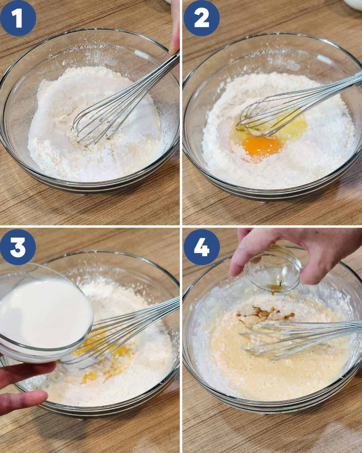 Step by step photos of mixing the ingredients of Thai egg cake.