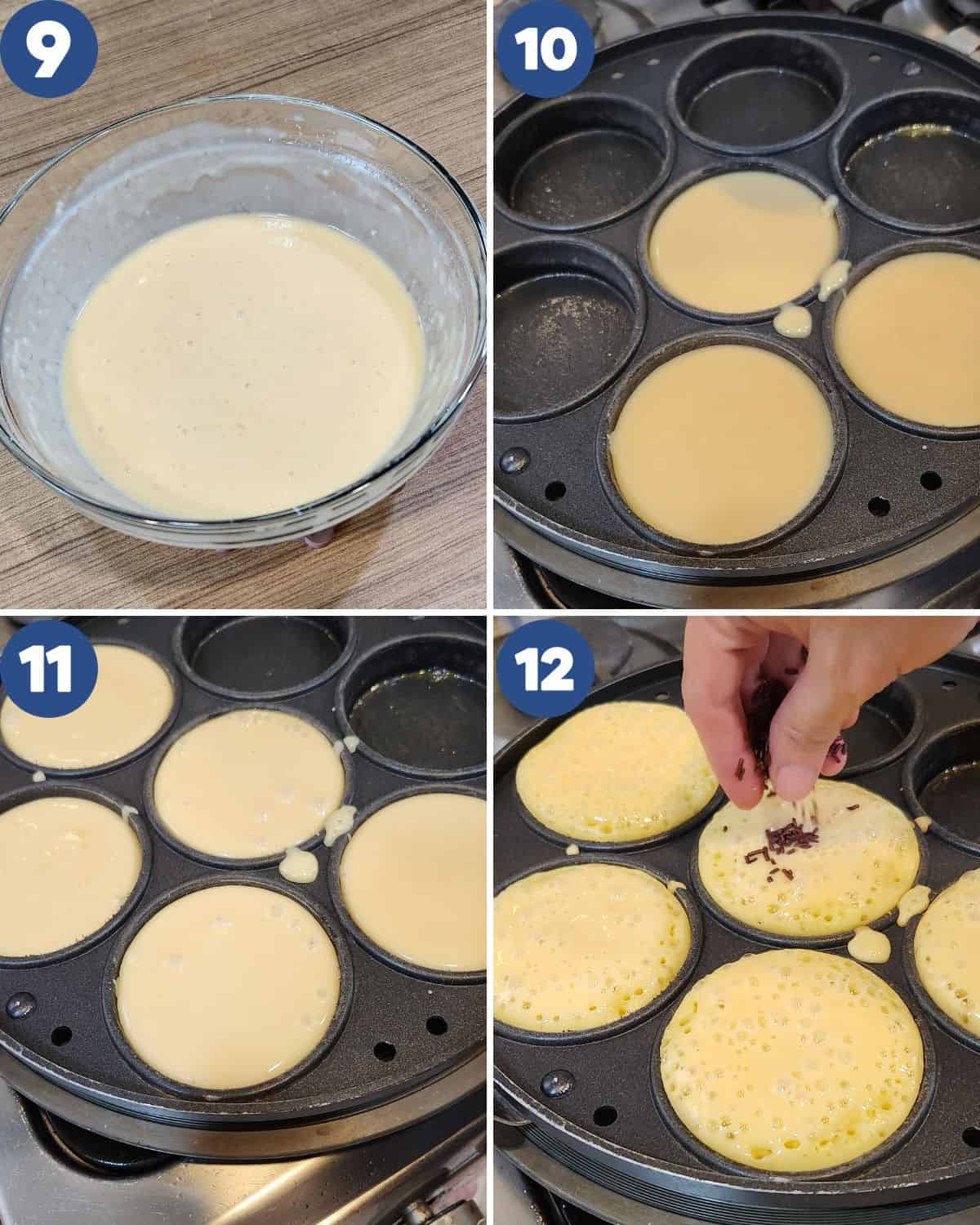 Step by step photos of cooking the egg cake with a pan.