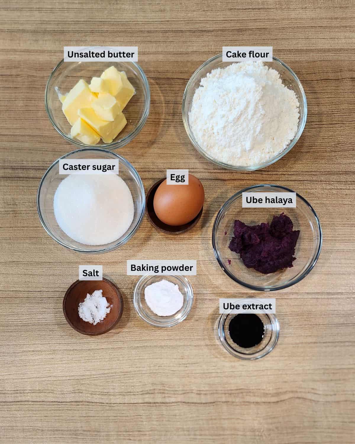 Ube crinkle cookies ingredients with labels.
