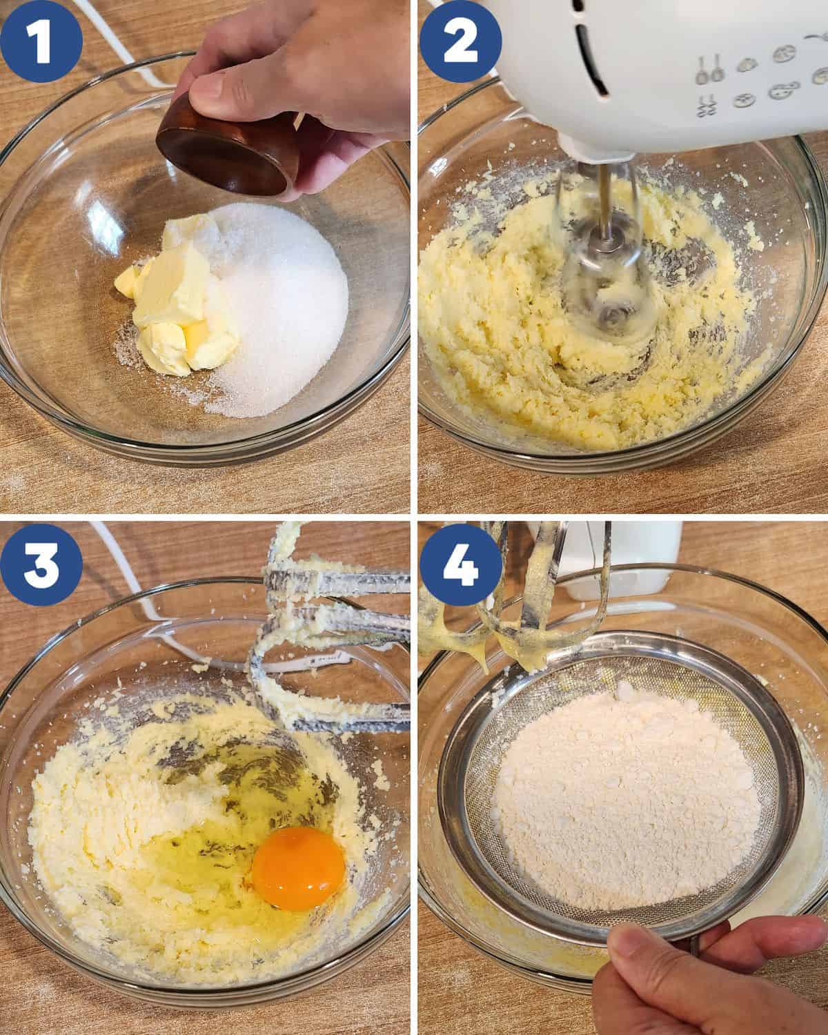 Step by step photos of mixing the butter and sugar for ube crinkle cookies.