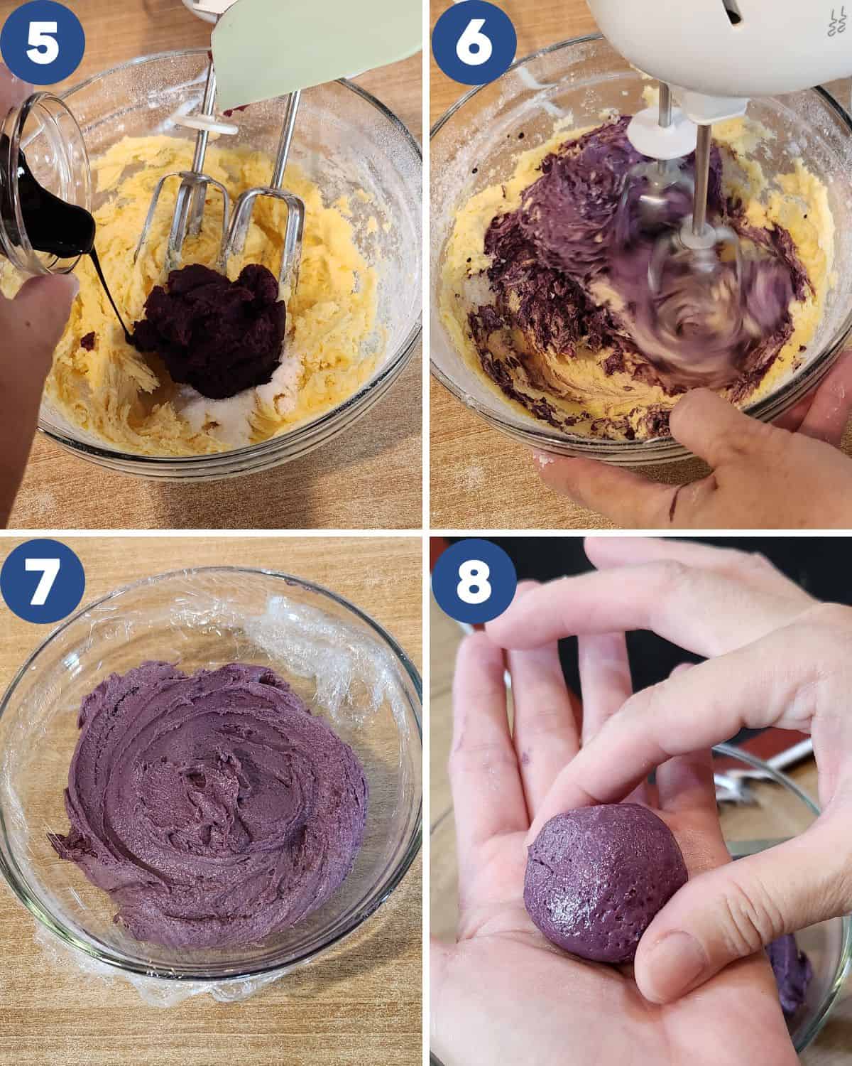 Step by step photos of making the cookie dough for ube crinkle cookies.