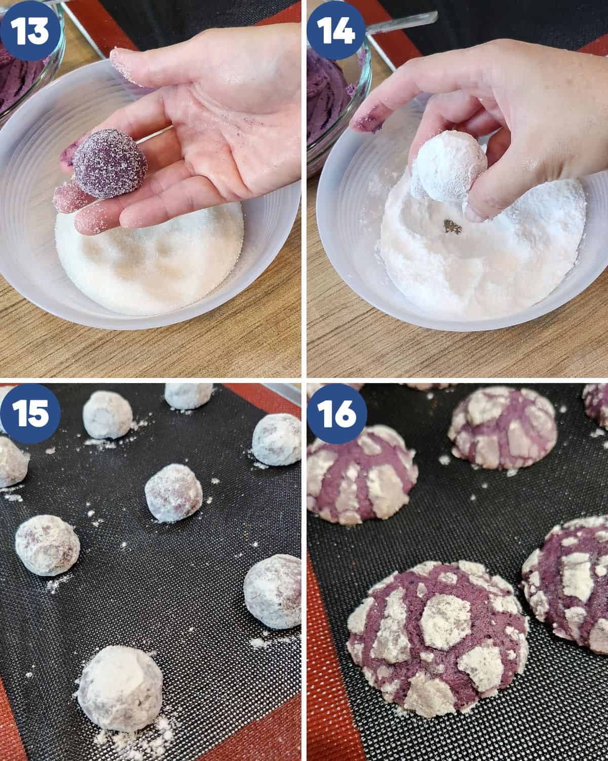 Step by step photos of preparing to bake the ube crinkle cookies.