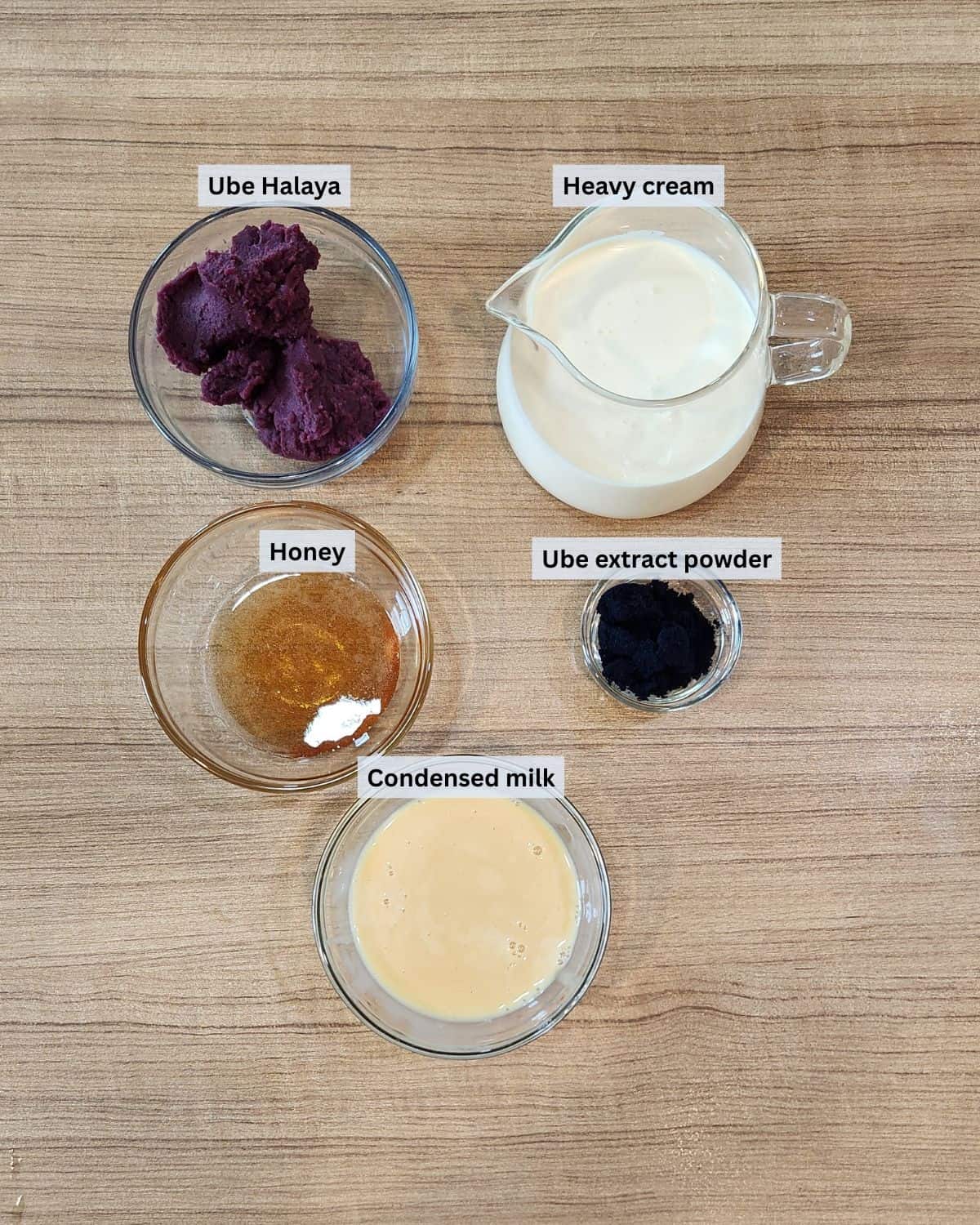Homemade ube ice cream recipe ingredients with labels.