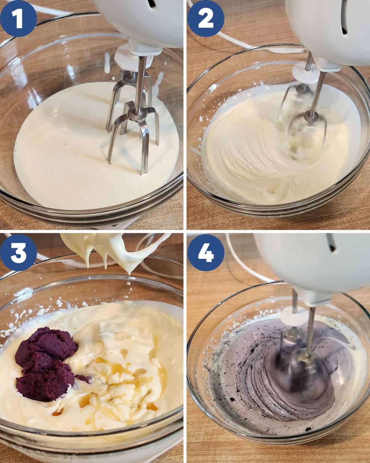 Step by step photos of whipping the cream in this ube ice cream recipe.
