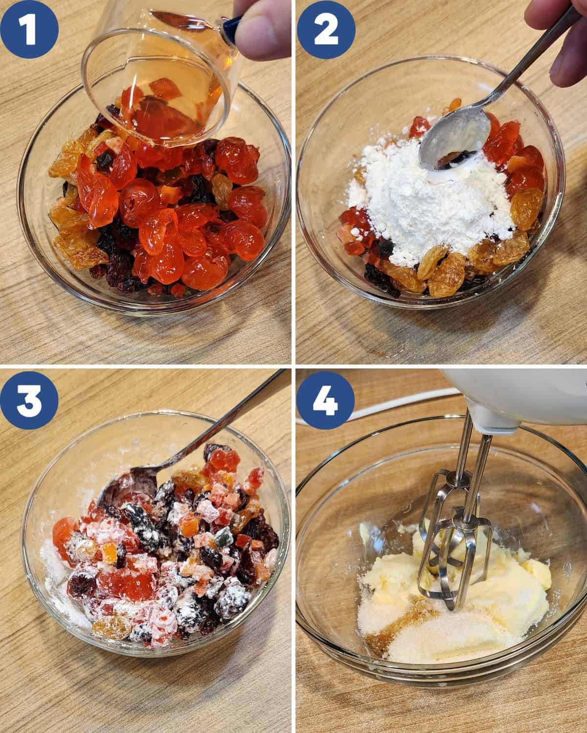 Step by step photos of preparing the dried fruits for vanilla fruit cake.