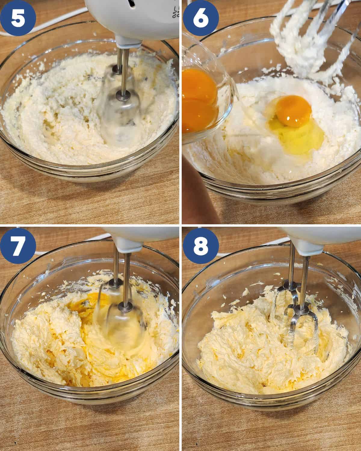Step by step photos of mixing the eggs and butter.