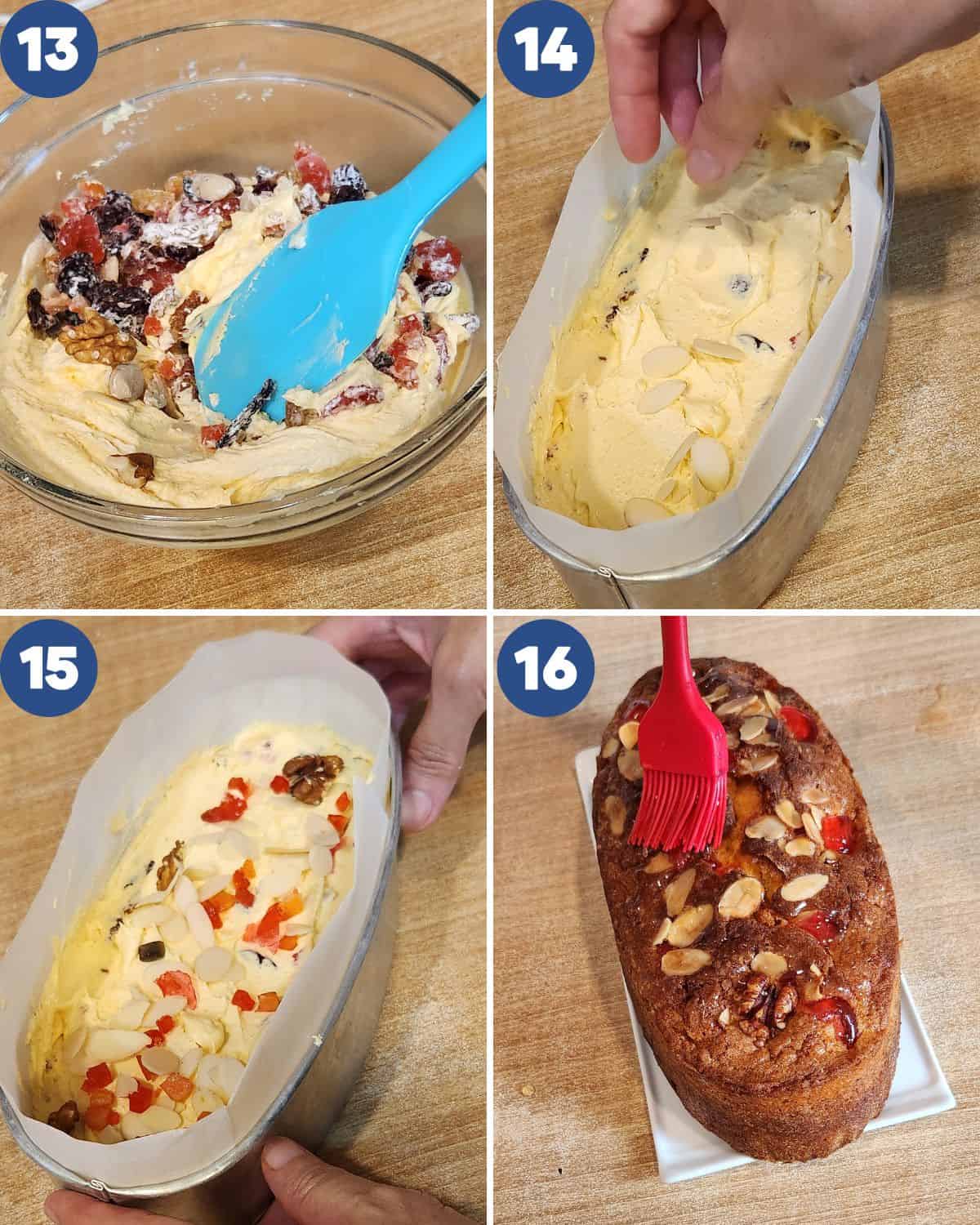 Step by step photos of mixing the dried fruits into the batter and preparing to bake.