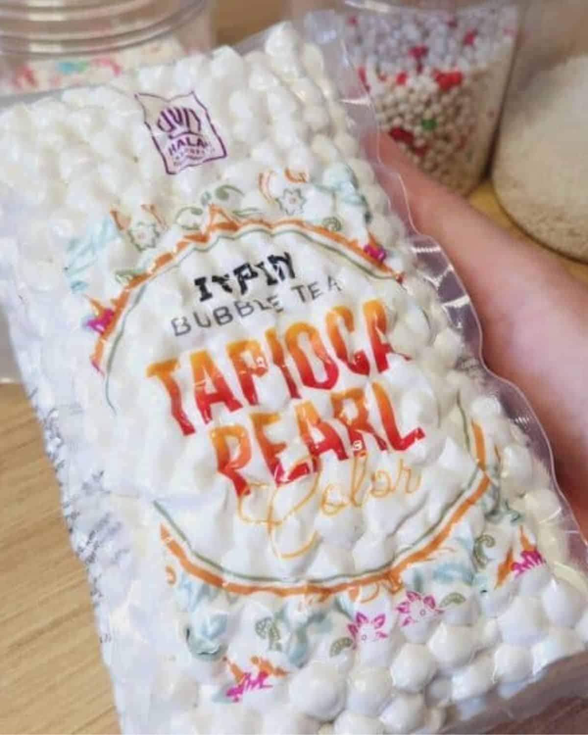 White Tapioca pearls in a plastic bag.
