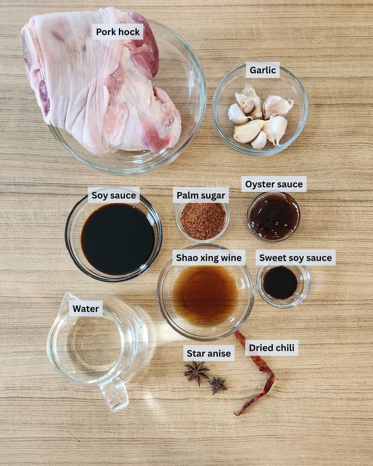 Chinese Braised pork shank ingredients with labels.