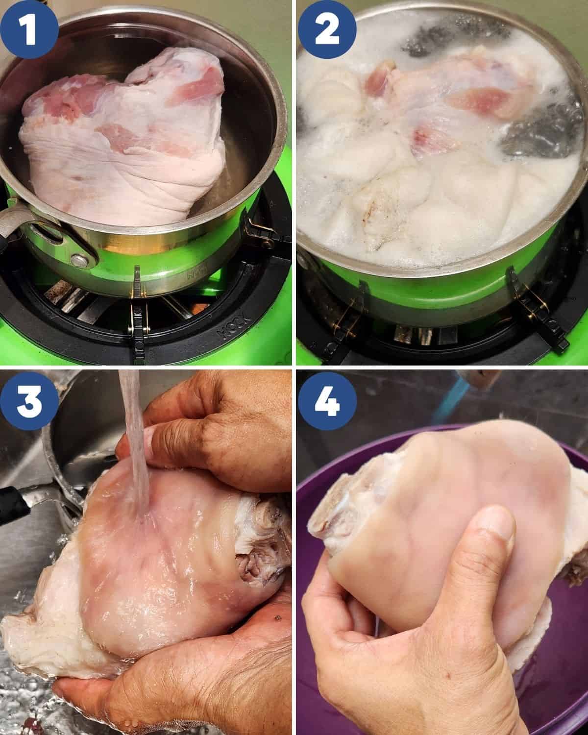 Step by step photos of cleaning the pork shank before cooking.