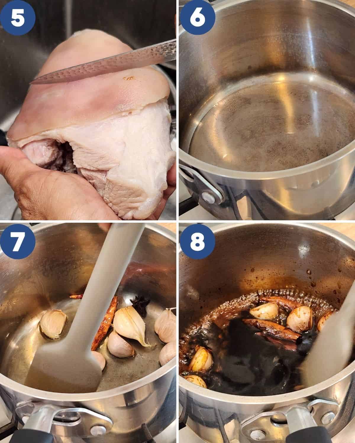 Step by step photos of cooking the spices and aromatics.