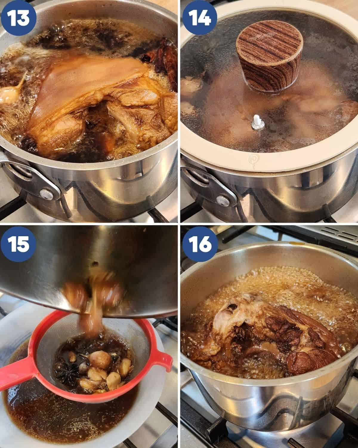 Step by step photos of slow cooking the pork shank until tender. 