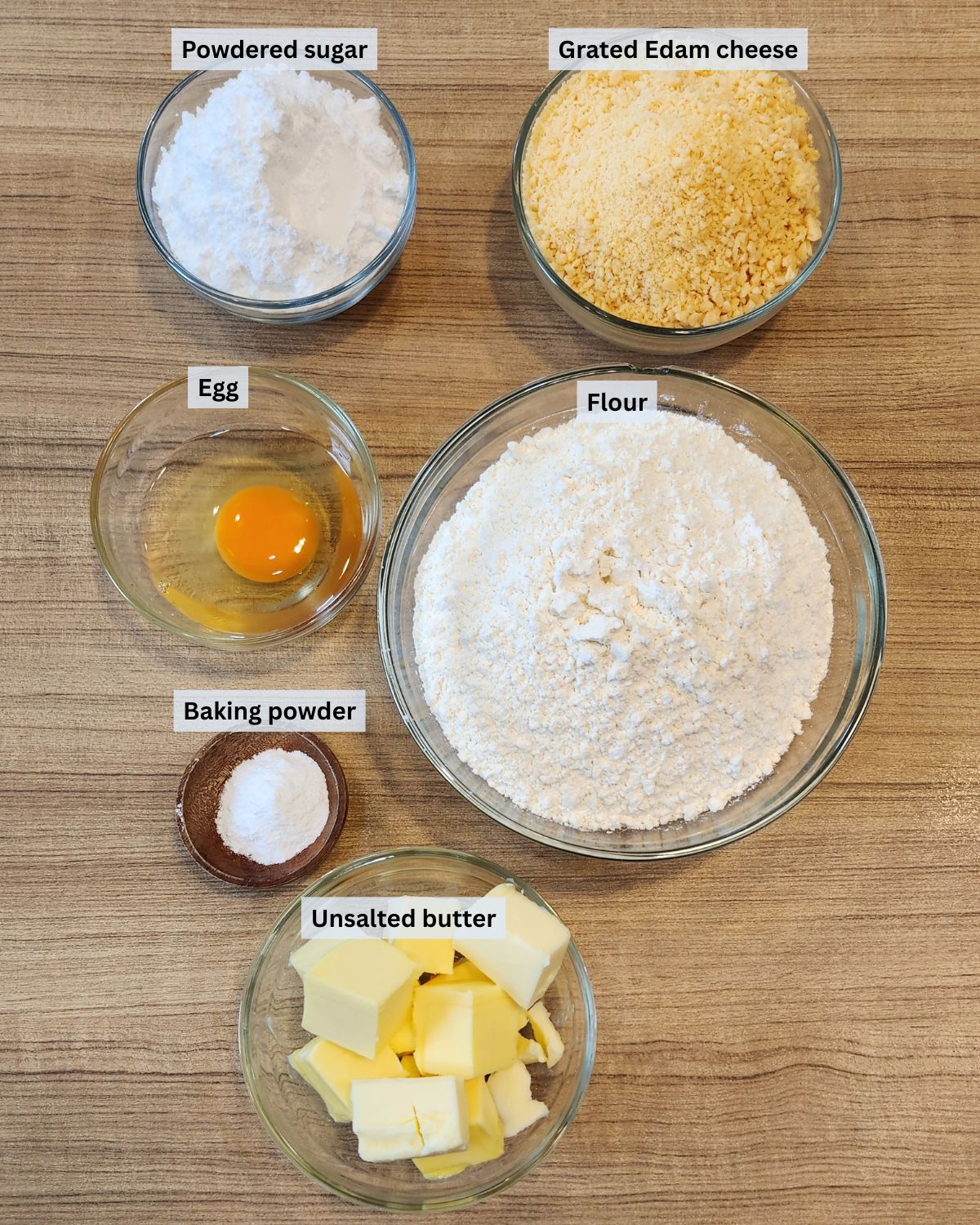 Cheese cookies ingredients with labels.