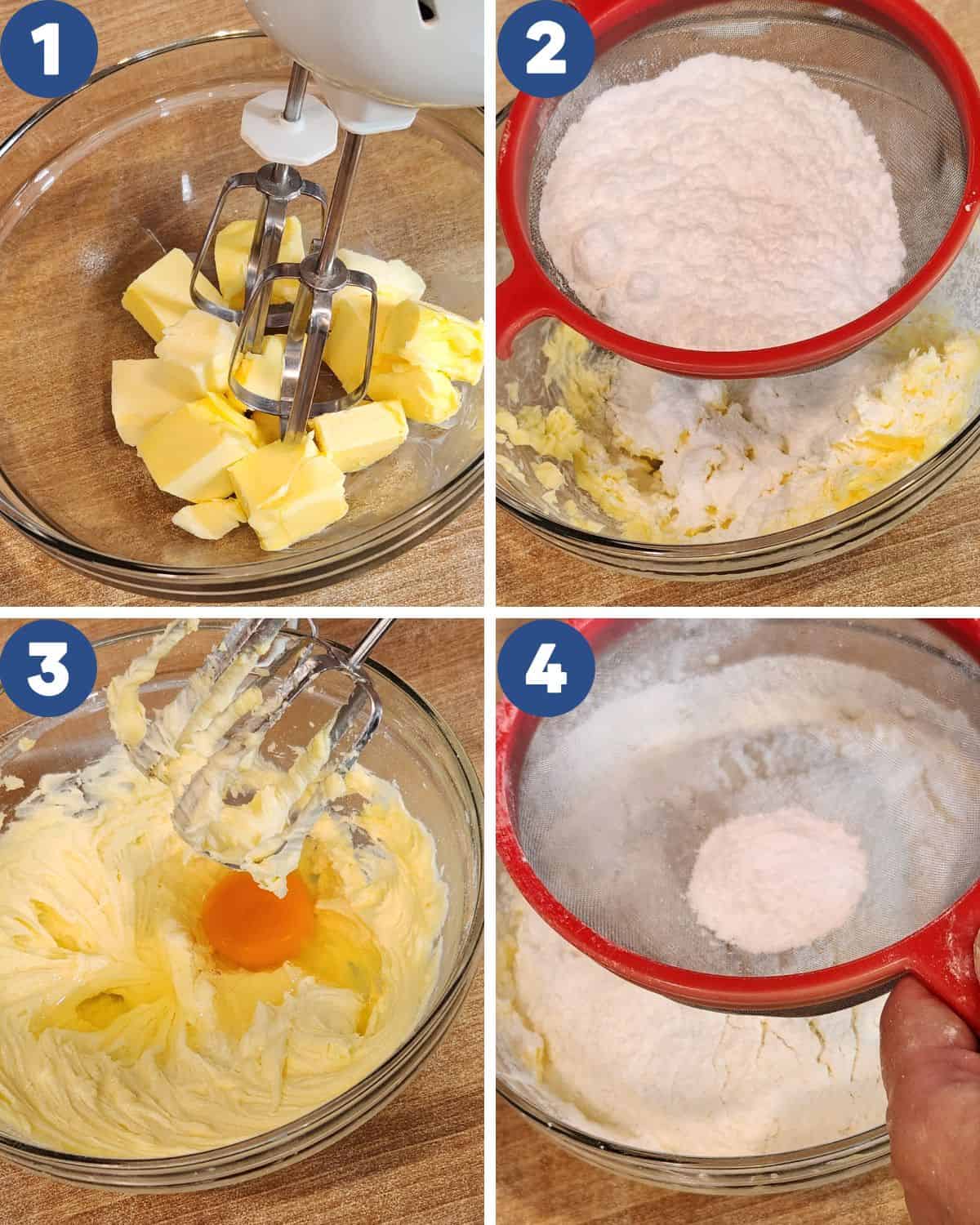 Step by step photos of blending the butter, sugar, and egg to make the cookie dough.