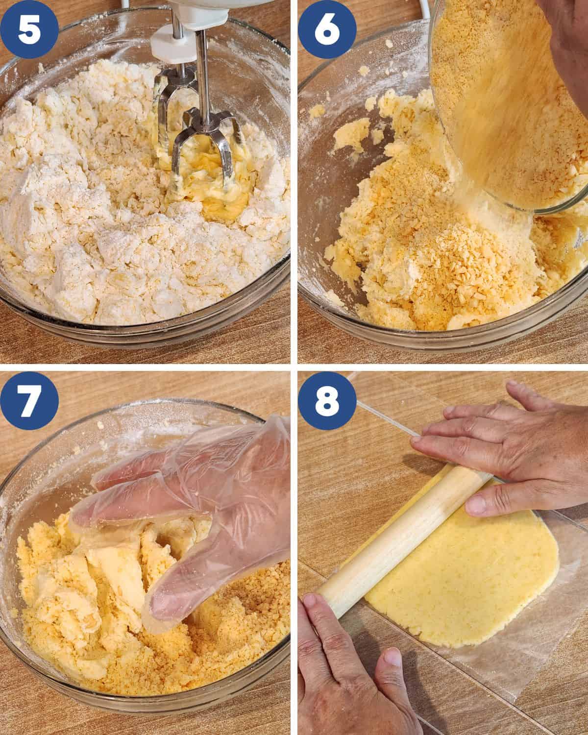 Step by step photos of blending the cheese into the dough.