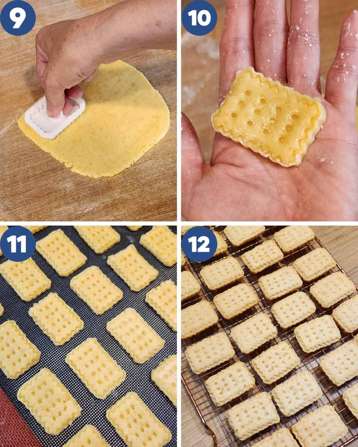 Step by step photos of cutting the dough with cookie cutter and baking. 