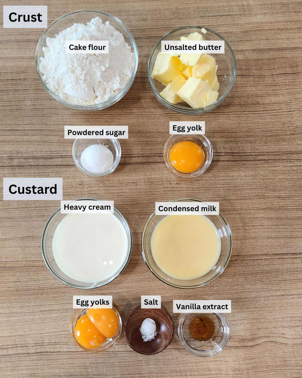 Hong Kong egg tart ingredients with labels.
