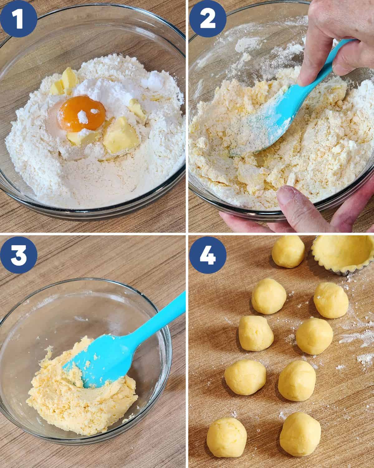 Step by step photos of mixing the ingredients for the crust.