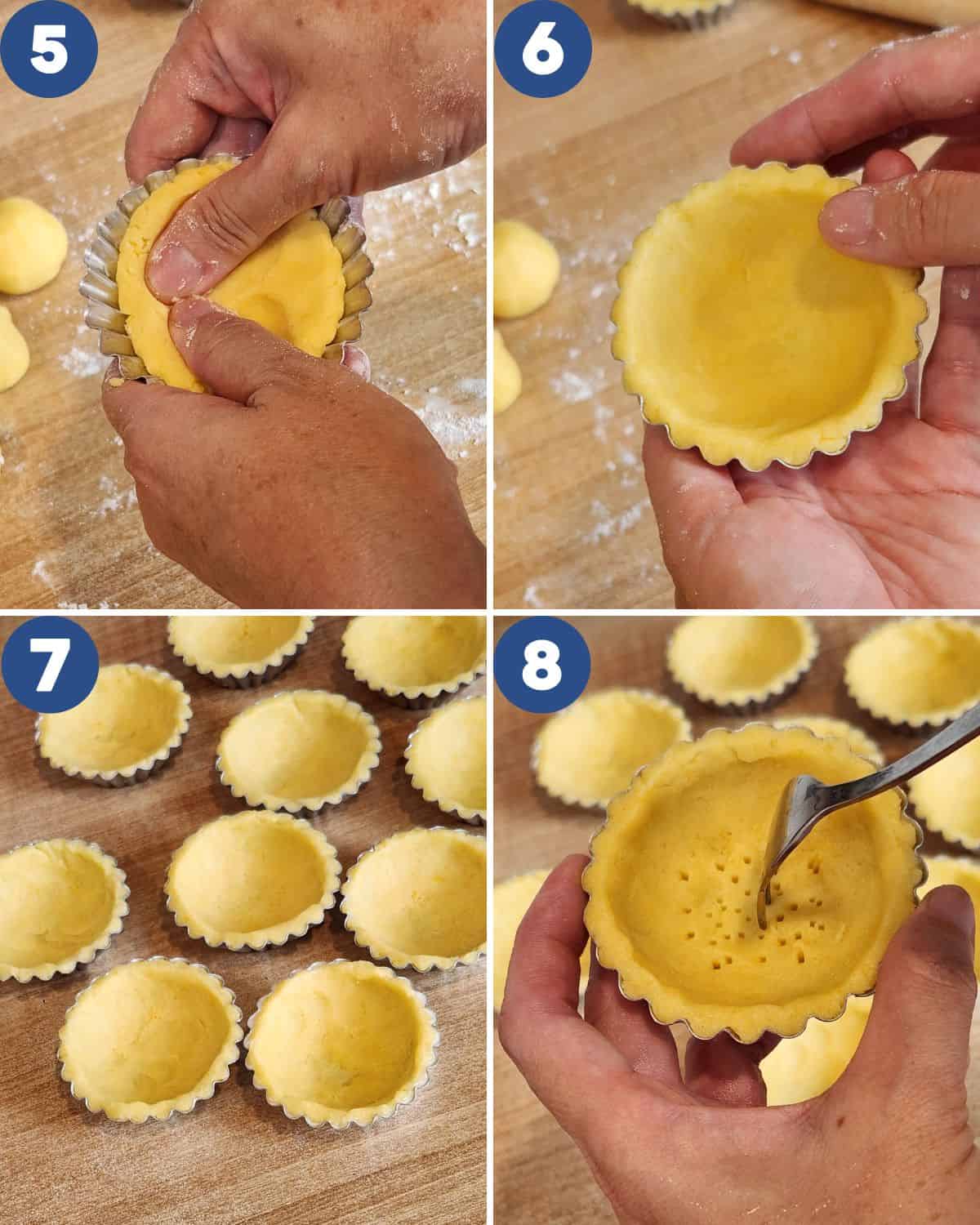 Step by step photos of shaping the crust with a mold.