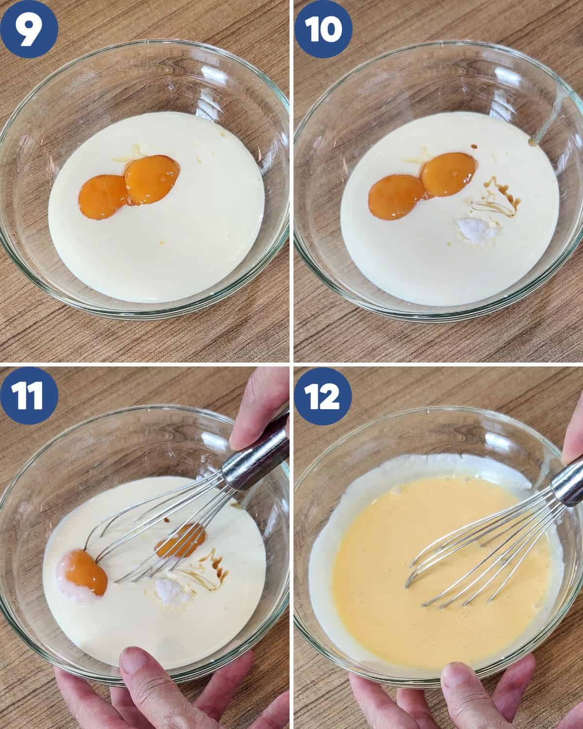 Step by step photos of making the custard filling for egg custard tart. 