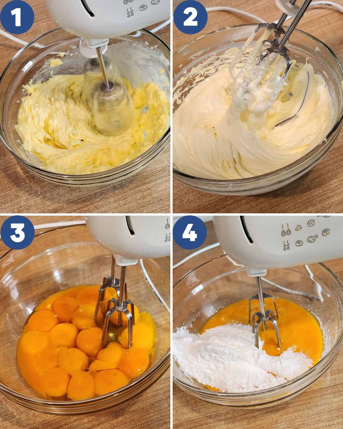 Step by step photos of mixing the butter, egg, and sugar.