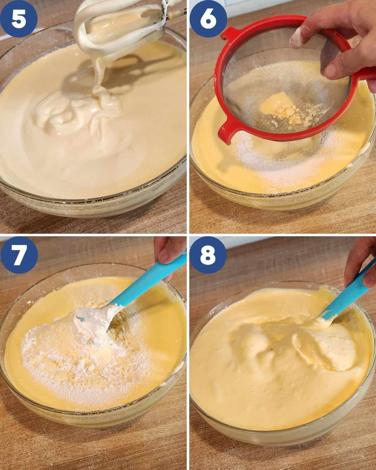 Step by step photos of mixing the egg yolk batter with dry ingredients.