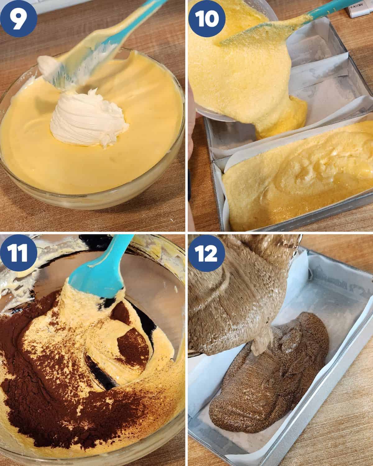 Step by step photos of mixing the whipped butter into the batter.