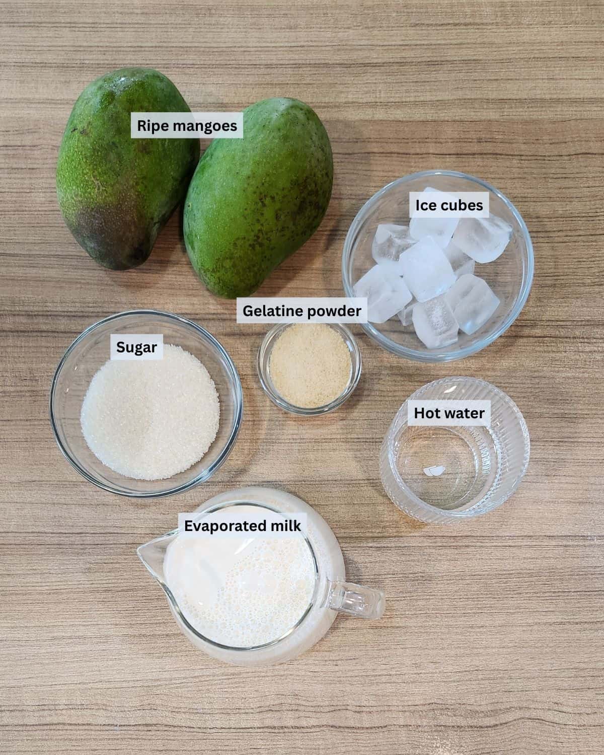 Mango pudding ingredients with labels.