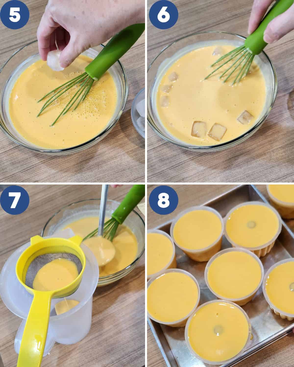 Step by step photos of straining the mango pudding mixture.