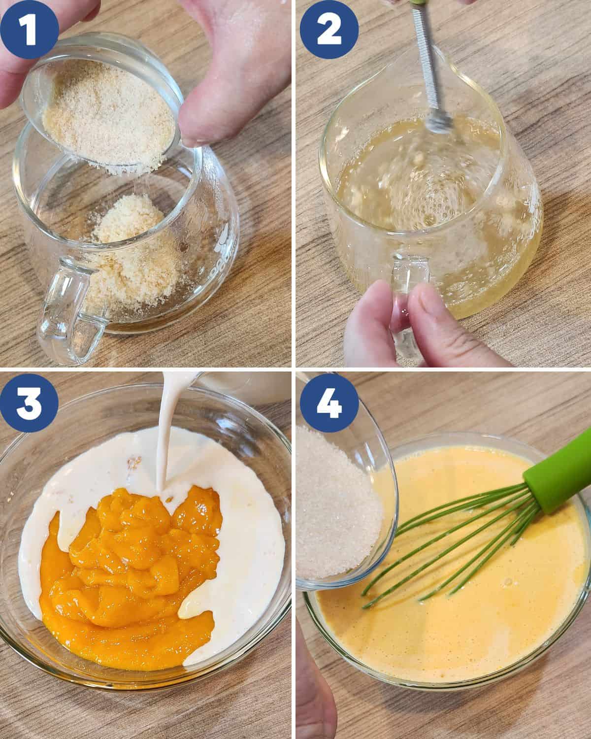 Step by step photos of preparing the gelatine powder and mango pudding mixture.