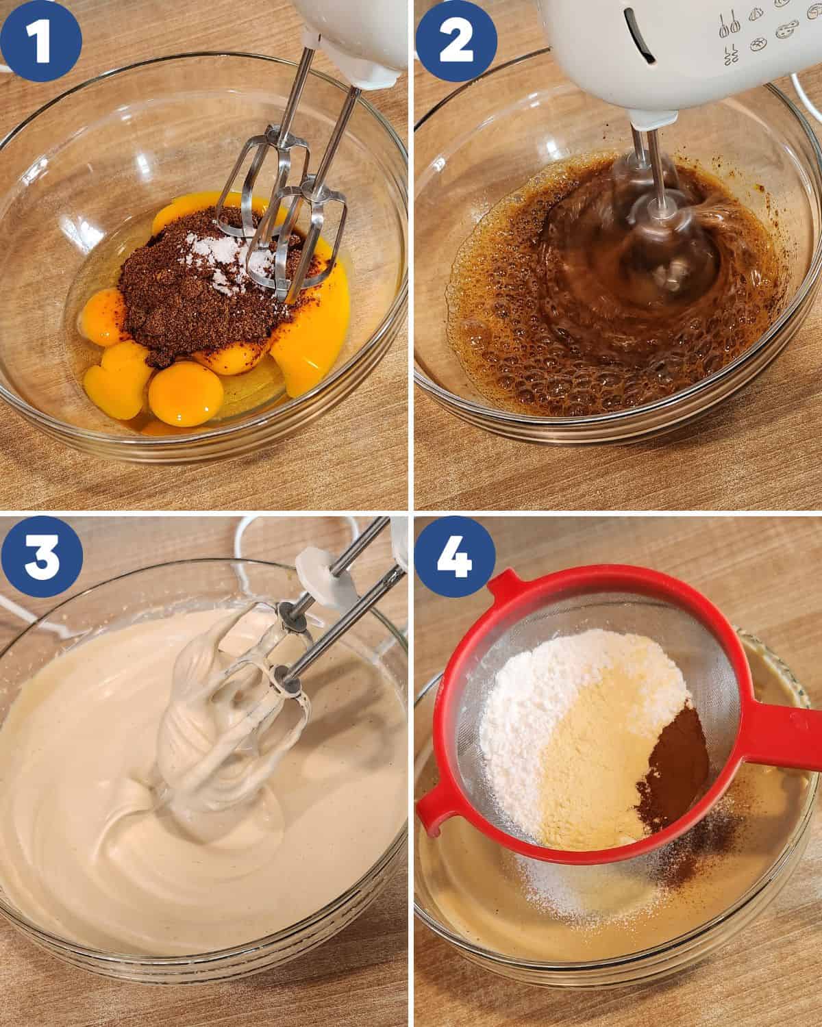 Step by step photos of mixing the eggs, palm sugar, and dry ingredients.
