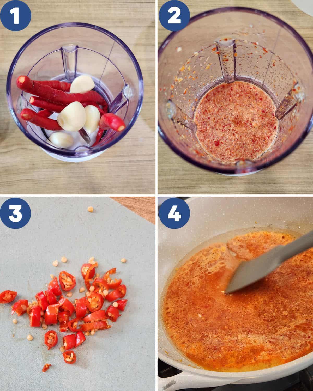 Step by step photos of preparing the spices for pad kra pao. 