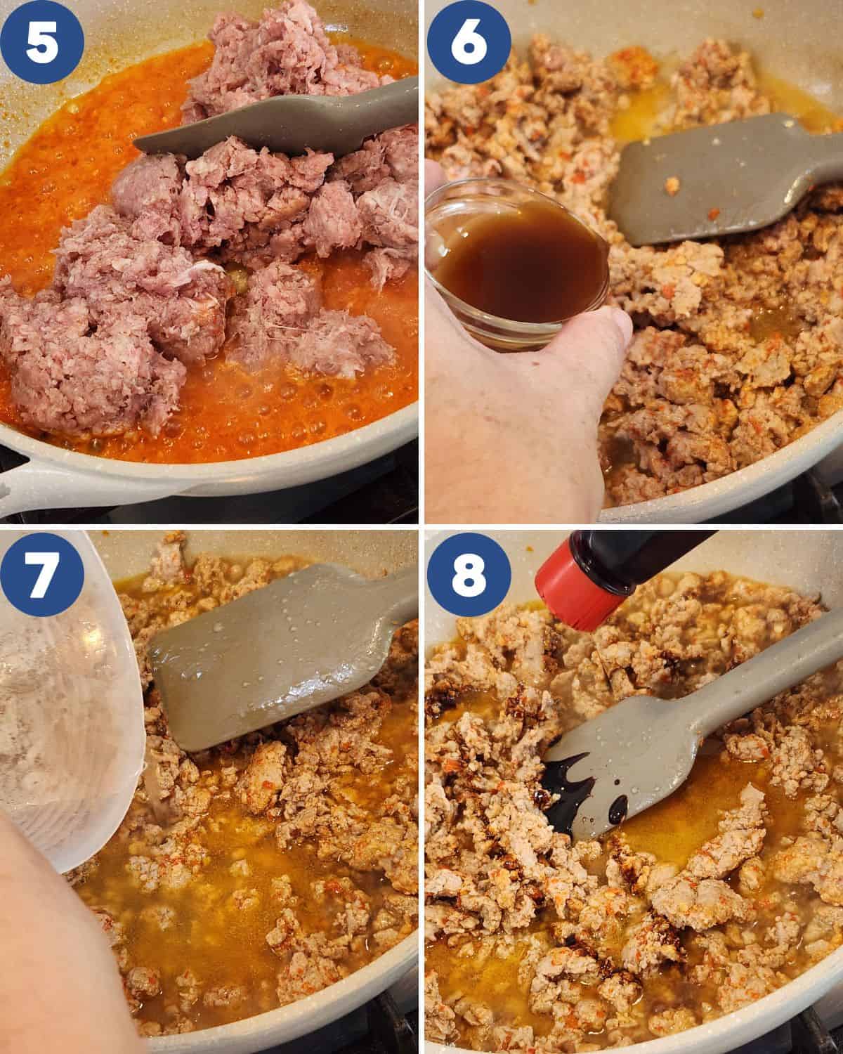 Step by step photos of stir-frying the pork and mixing with the sauce.