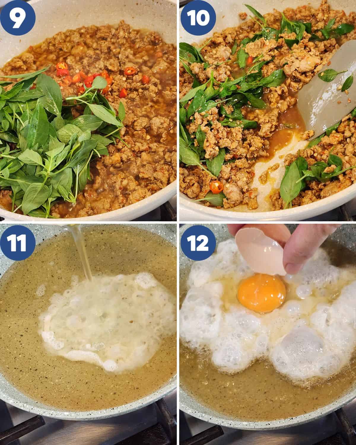 Step by step photos of mixing the holy basil and frying the egg. 