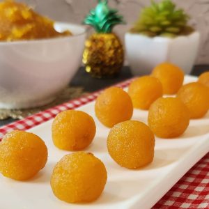 Pineapple Cake Filling in round shape lining up on a white plate.