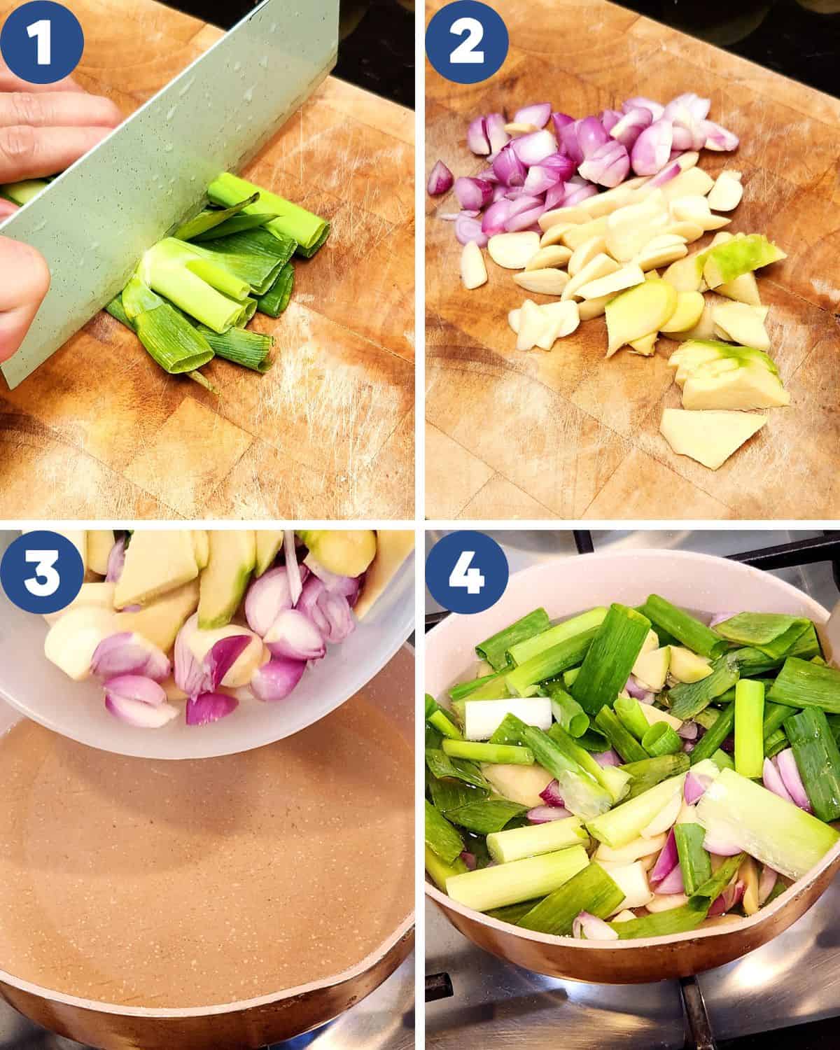 Step by step process photos of preparing the ingredients for scallion oil.