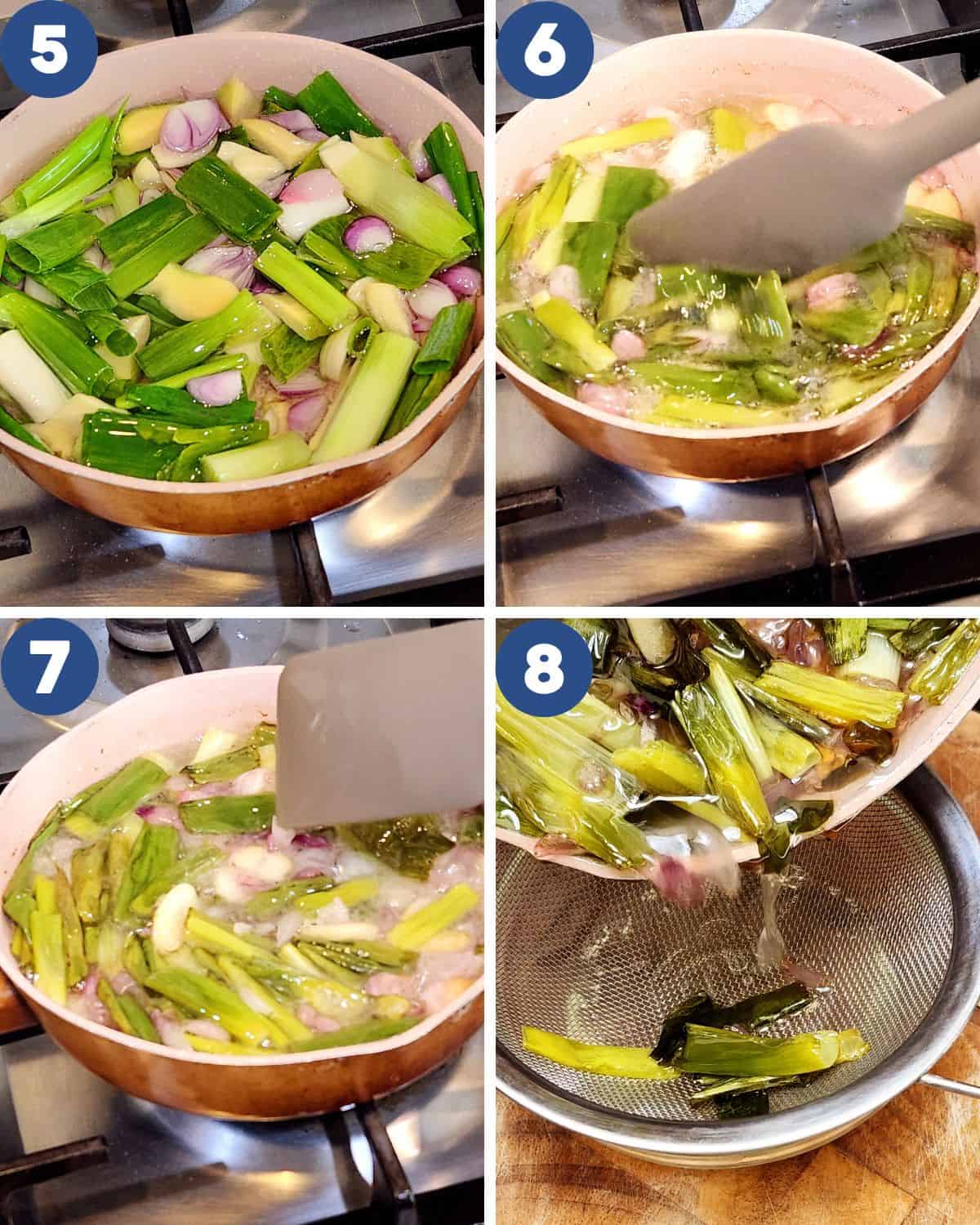 Step by step process photos of sauteeing the ingredients in oil and sifting the ingredients.