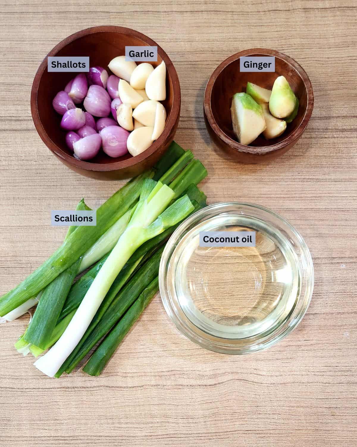 Chinese scallion oil ingredients with labels.