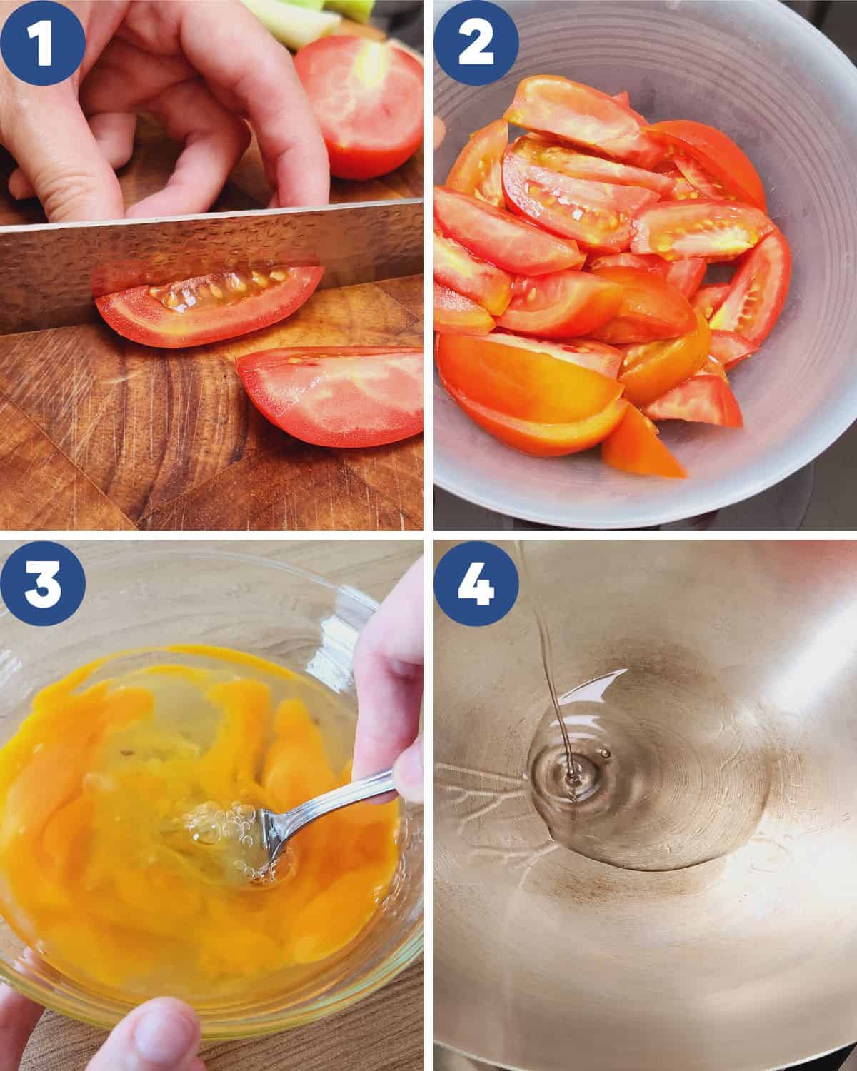 Photo collage of preparing the tomato and eggs before stir frying.